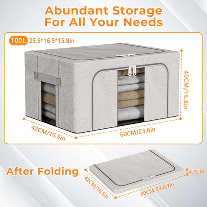 Boic 3 Pack Clothes Storage Boxes With Metal Frame, 100L Foldable Storage Boxes For Clothes