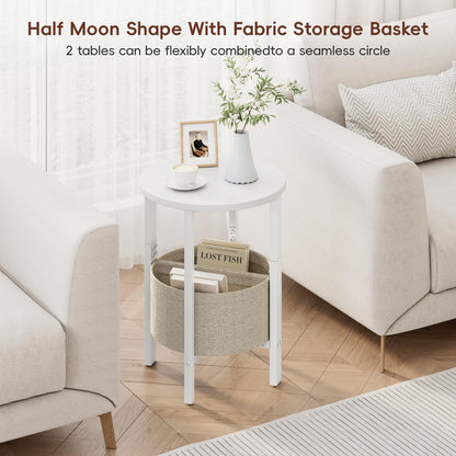 Vagusicc Side Table, Round End Table with Fabric Basket, Small Coffee Table, Set of 2 Half Moon Entry Table, Accent Table Bedside Table