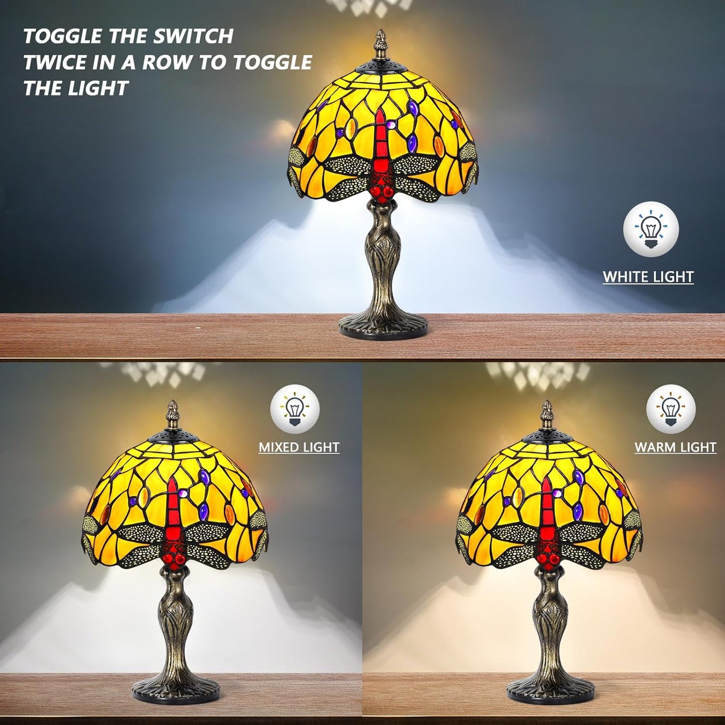 MIAOKE Table Lamp Stained Glass Crystal Bead Style Table Light, Handmade Desk Bedside Table Night Lamp, Antique Art Craft Gifts Lover Kid Living Room Study Bookcase Desk Ligh(Orange Dragonfly)