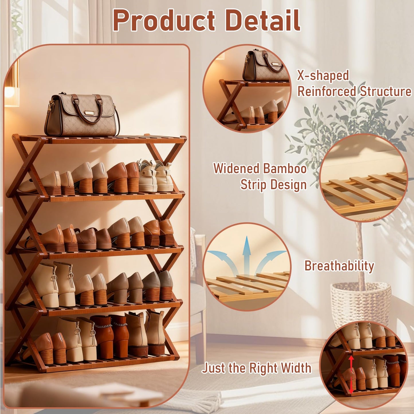 Gelory Bamboo Folding Shoe Rack, Portable Wooden Small Shoe Storage Rack