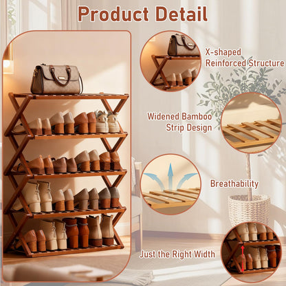 Gelory Bamboo Folding Shoe Rack, Portable Wooden Small Shoe Storage Rack