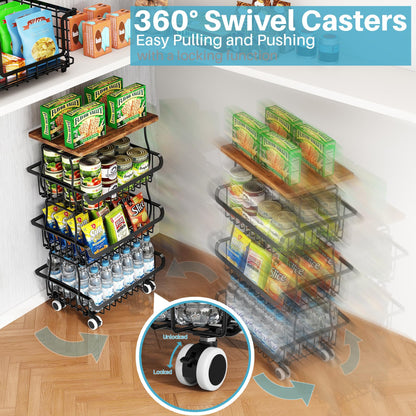 4 Tier Pantry Organisers and Storage Cart with Rolling Wheels, Stackable Metal Baskets for Pantry Shelves