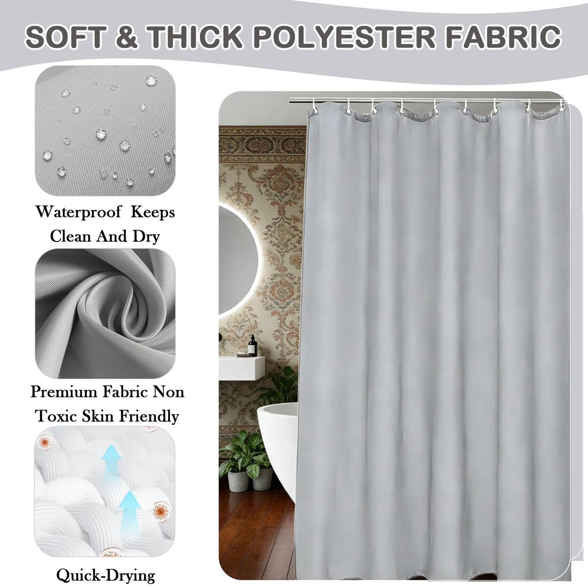 AmzDaKai Shower Curtain PEVA, Waterproof Anti-Mould Bath Curtain with Weight Tape & 12 Hooks, 180x180 cm (71x71 Inch) for Bathroom (Grey)