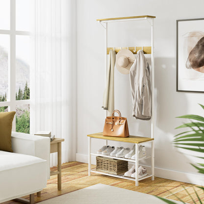 HEYZOEY Coat Stand, Coat Rack with Shoe Storage, 3-in-1 Freestanding Wooden Coat Rack with Shoe Bench and Rack, 3-Tier Shelf and 4 Removable Hooks