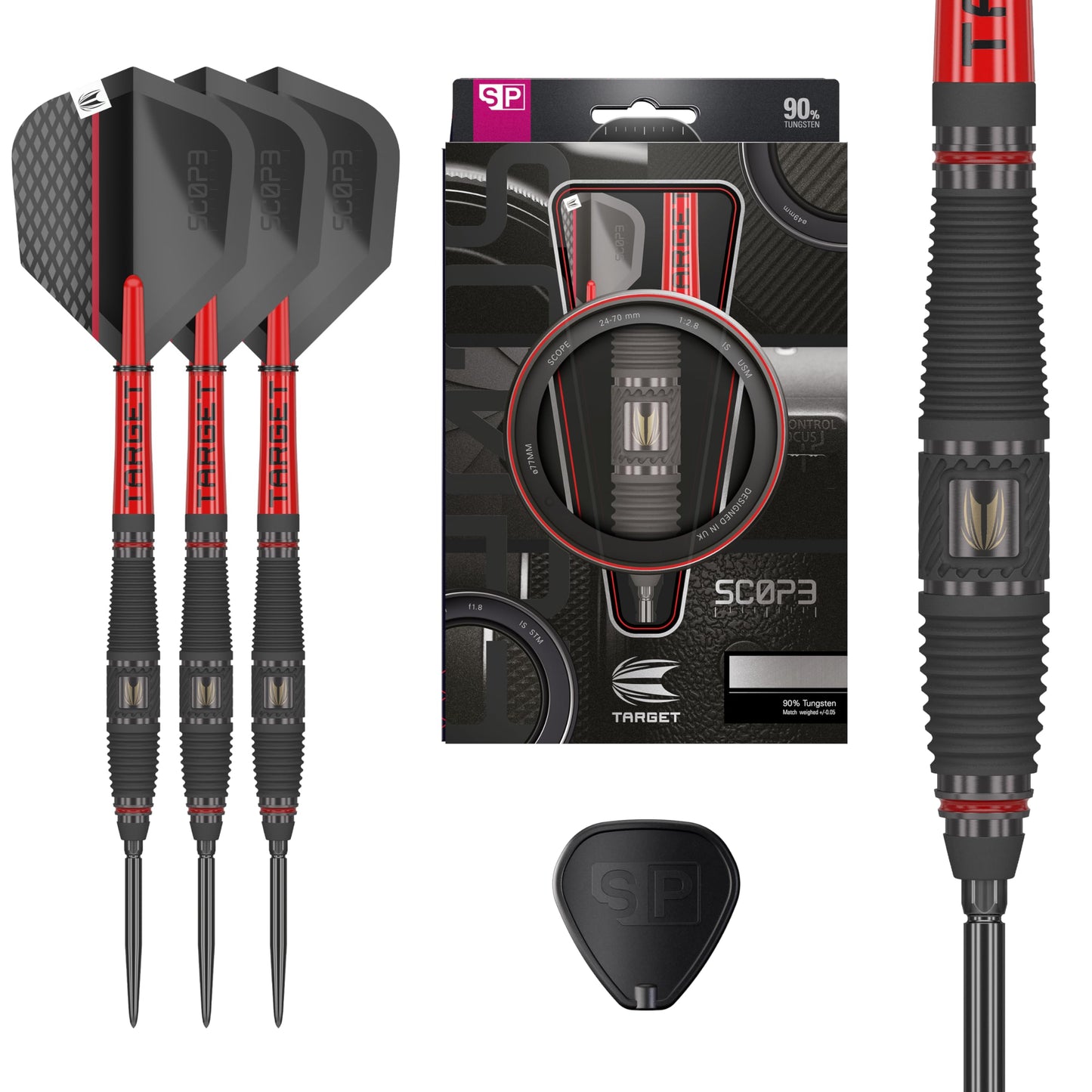 TARGET Darts Scope Steel Tip Swiss Point Darts, 90% Tungsten Dart Set, Barrel 03-23G | Steel Tip Dart Sets, Red & Black Darts, Professional Dart Set