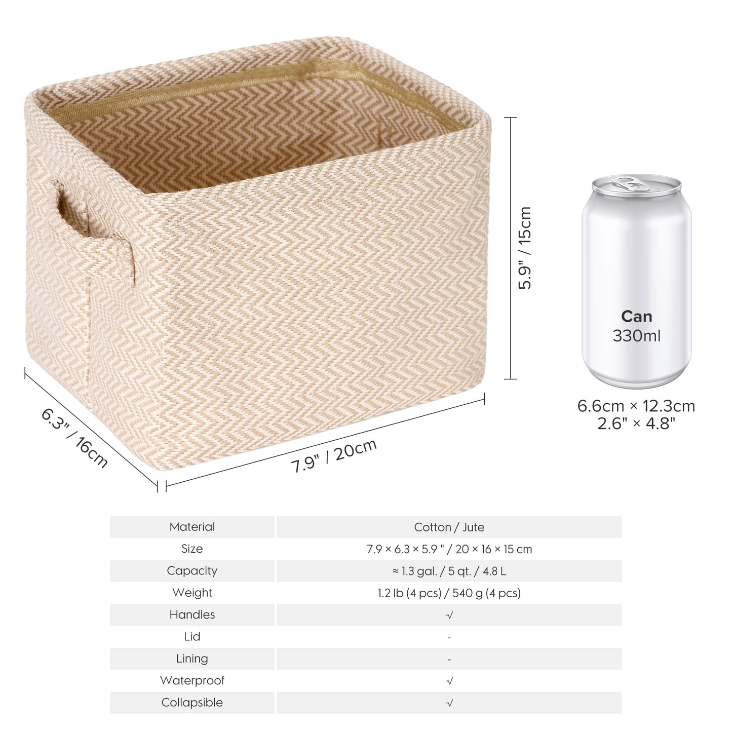 Sea Team 4.5L Jute Storage Baskets, 4pcs Square Boxes with Handles