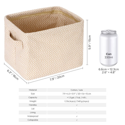 Sea Team 4.5L Jute Storage Baskets, 4pcs Square Boxes with Handles