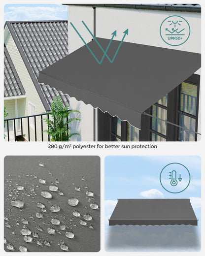 SONGMICS Clamp Awning, 300 x 130 cm, Balcony Awning, Height-Adjustable, with Hand Crank, Sun Protection for Balcony, Patio, Garden, Anthracite