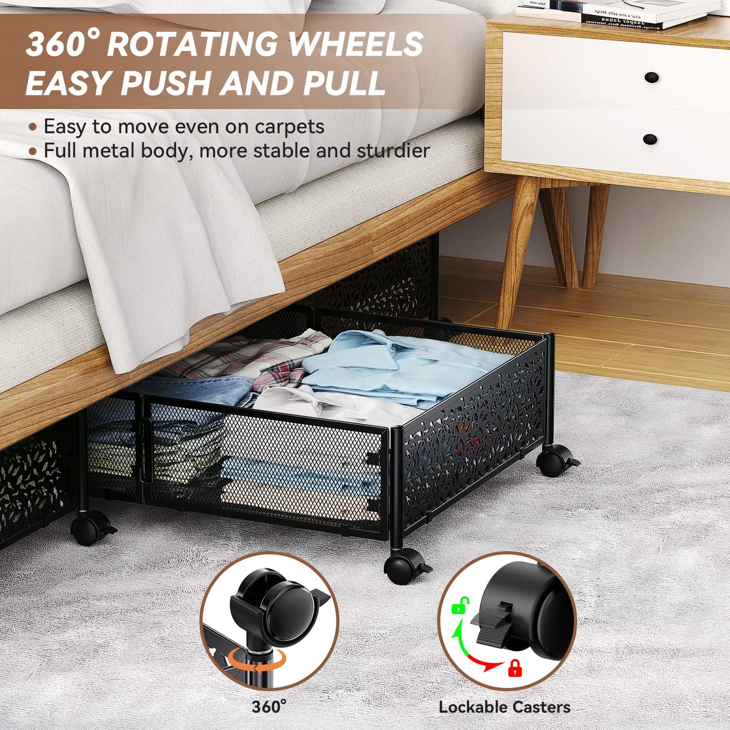 PHINOX Under Bed Storage Box on Wheels, Metal, Black, 2 Pack