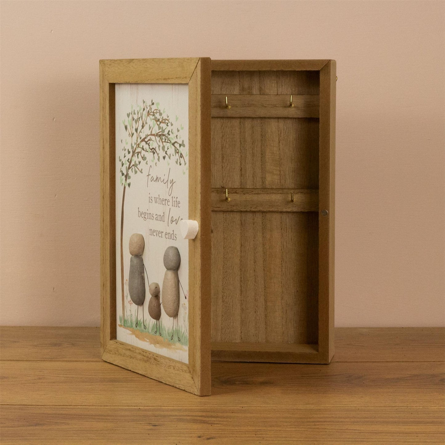 Carousel Home Pebble Family Key Box | Shabby Chic Wooden Family Tree Key Cabinet | Wall Mounted Key Cupboard With 6 Key Hooks Key Holder - 19x26cm