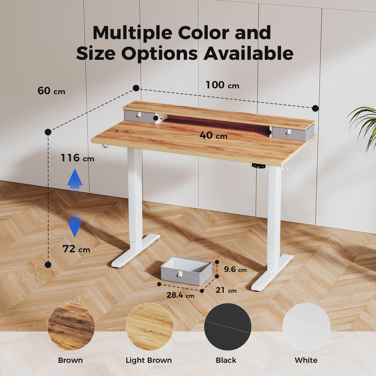 Agilestic Electric Adjustable Height Desk, with 2 Fabric Drawers, 100x60cm