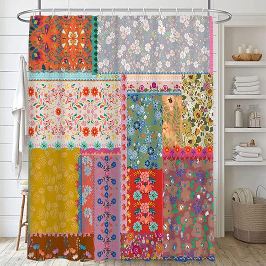 Lofaris Boho Patchwork Shower Curtains for Bathroom Bohemian Style Stitching Colorful Floral Vintage Retro Shower Curtains Bathtubs Waterproof Fabric