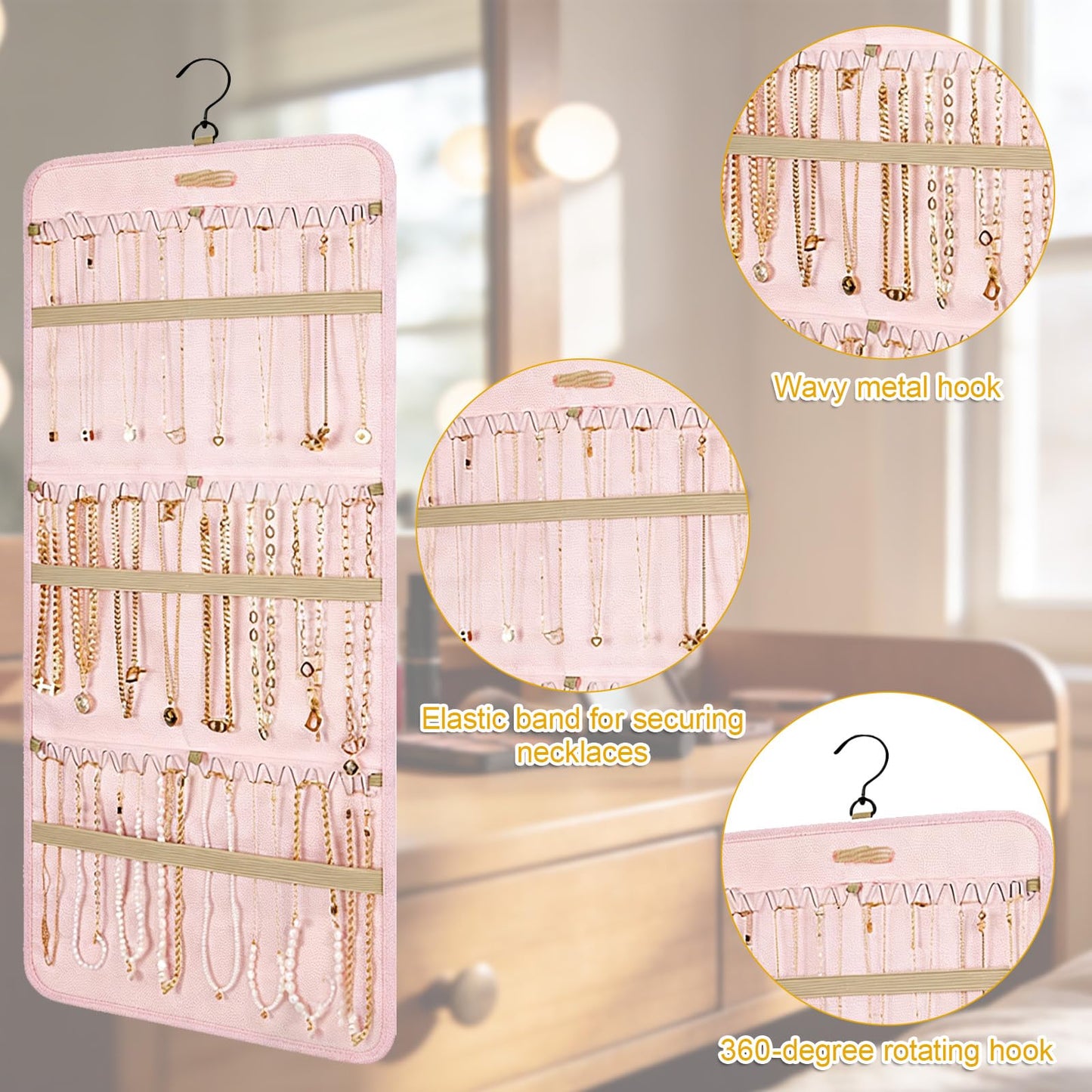 Rthynti Hanging Jewellery Organiser, Dual-Sided Jewellery Storage with Metal Hooks