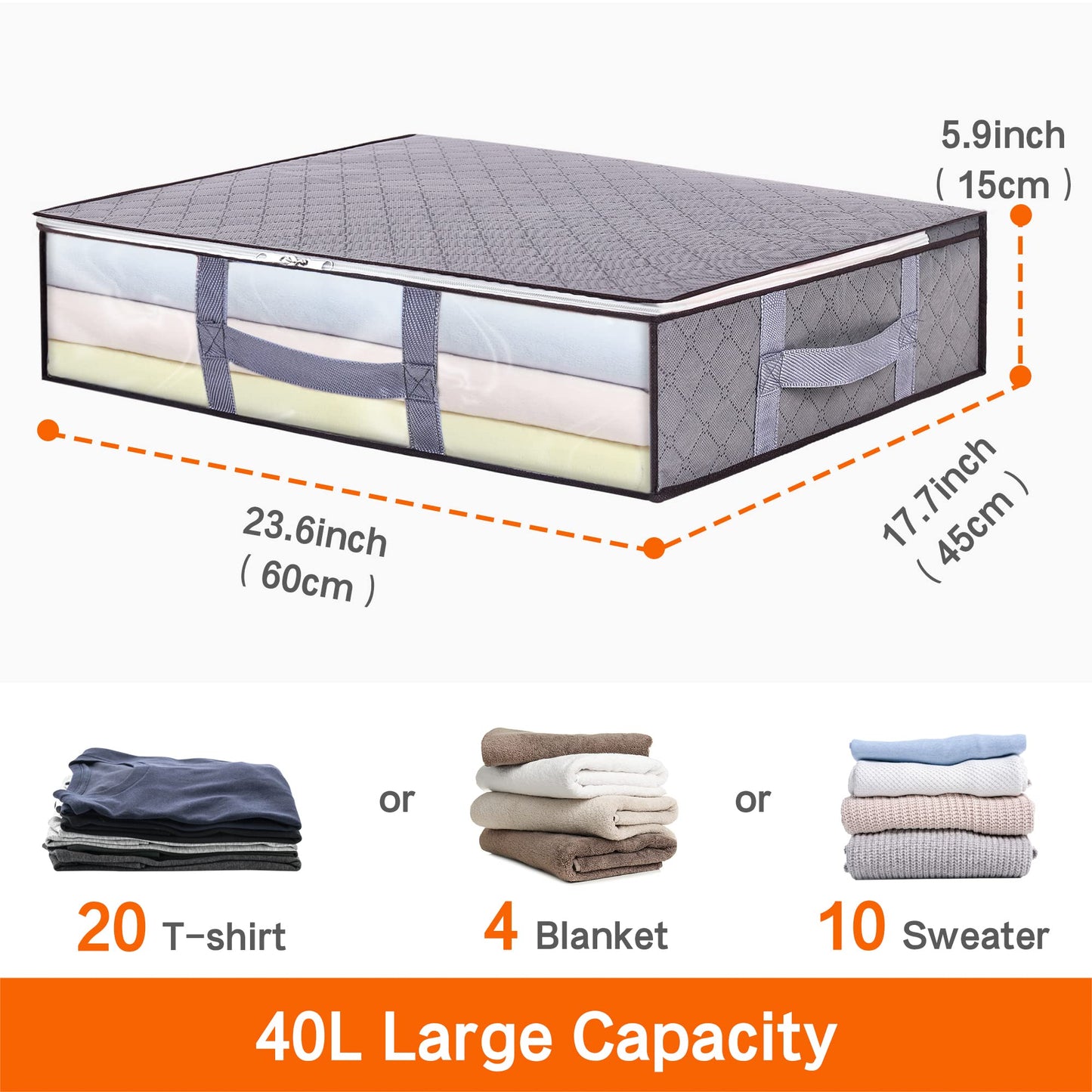 Vieshful 4 Pack Underbed Storage Bags 40L Foldable Clothes Bag, Grey
