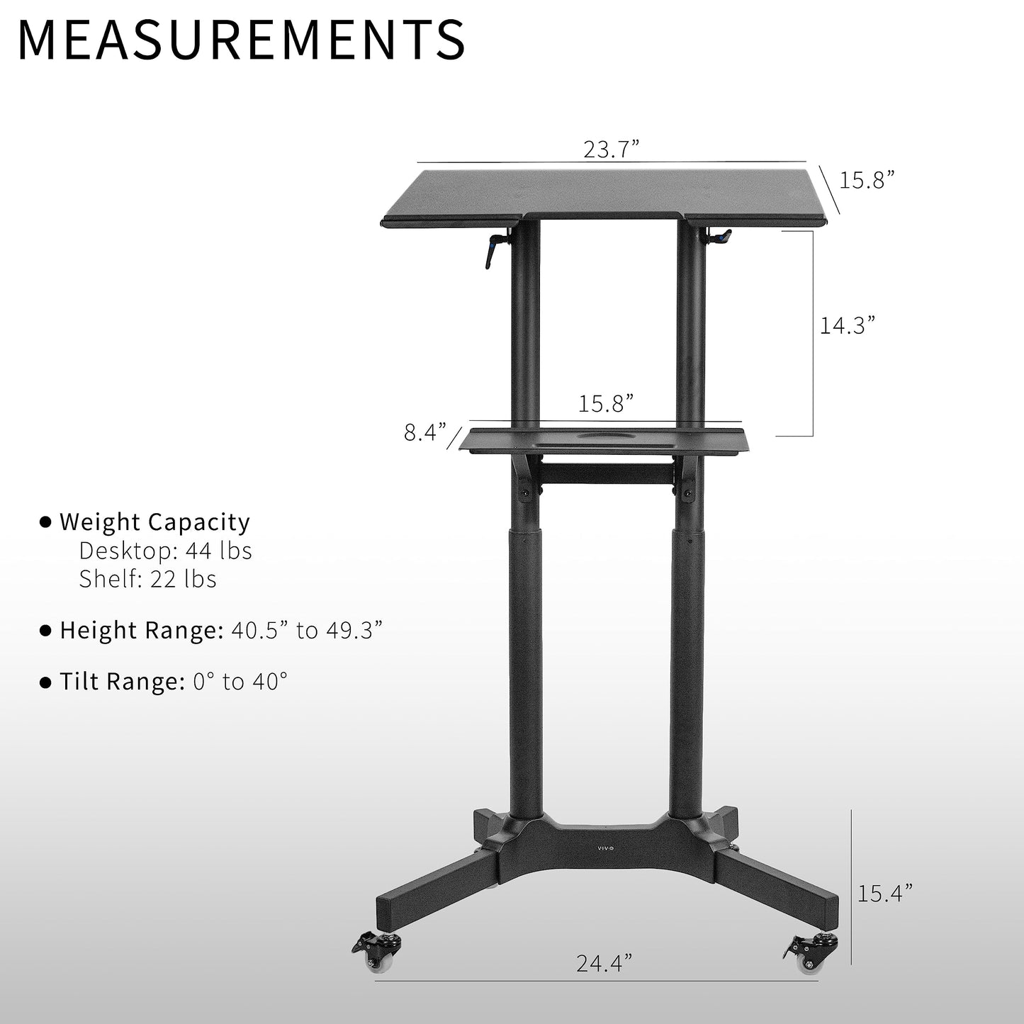 VIVO Mobile 24x16 inch Lectern Podium, Height-Adjustable Rolling Laptop Cart on Wheels, Black, CART-V03E