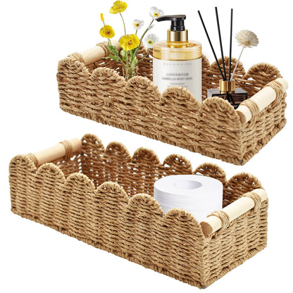 Yiomxhi 2 Pcs Wicker Storage Baskets, Woven Organizer Bins with Wooden Handles, Rope Scalloped Edge Toilet Paper Baskets for Bathroom, Shelf, Kitchen