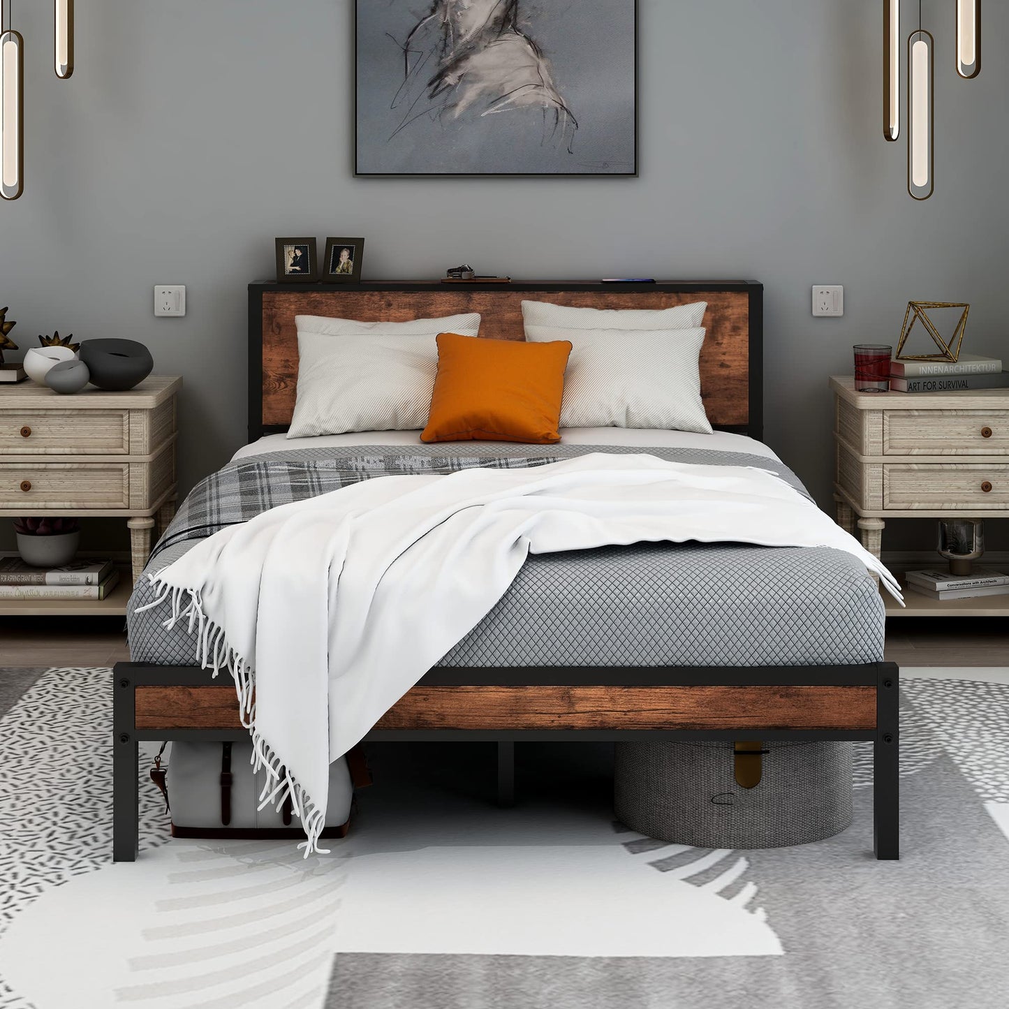 Diahomy Double Bed Frame Metal Platform Bed Frame with Wood Headboard/Mattress Base/Underbed Storage/No Box Spring Needed/Brown