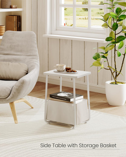 CHOEZON Small Side Table, End Table with Fabric Basket, Modern Nightstand for Small Spaces, Bedside Table for Nursery, Living Room, Bedroom, White