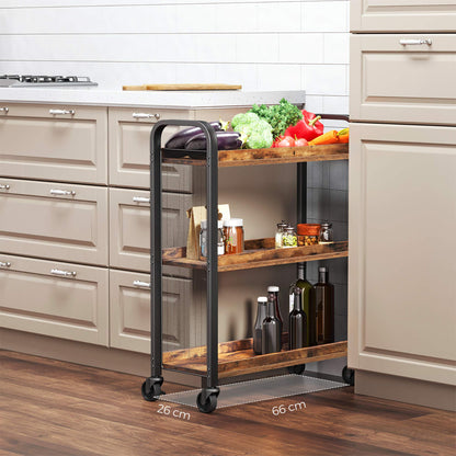 VASAGLE Industrial Style Lunch Trolley, Space-Saving Trolley Fixed or with Universal Wheels, Kitchen Shelf with Iron Frame, 66 x 26 x 85 cm, Vintage Brown LRC66BX
