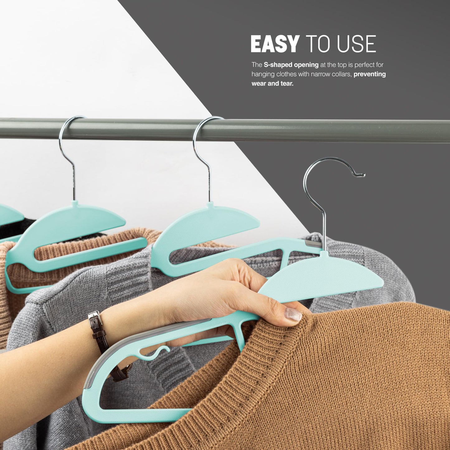 KEPLIN 20-Pack Non-Slip Hangers – Durable, Slimline Design for Space Saving with 360° Swivel, Tie Organiser, Strap Hooks, and S-Shape Opening (Teal)