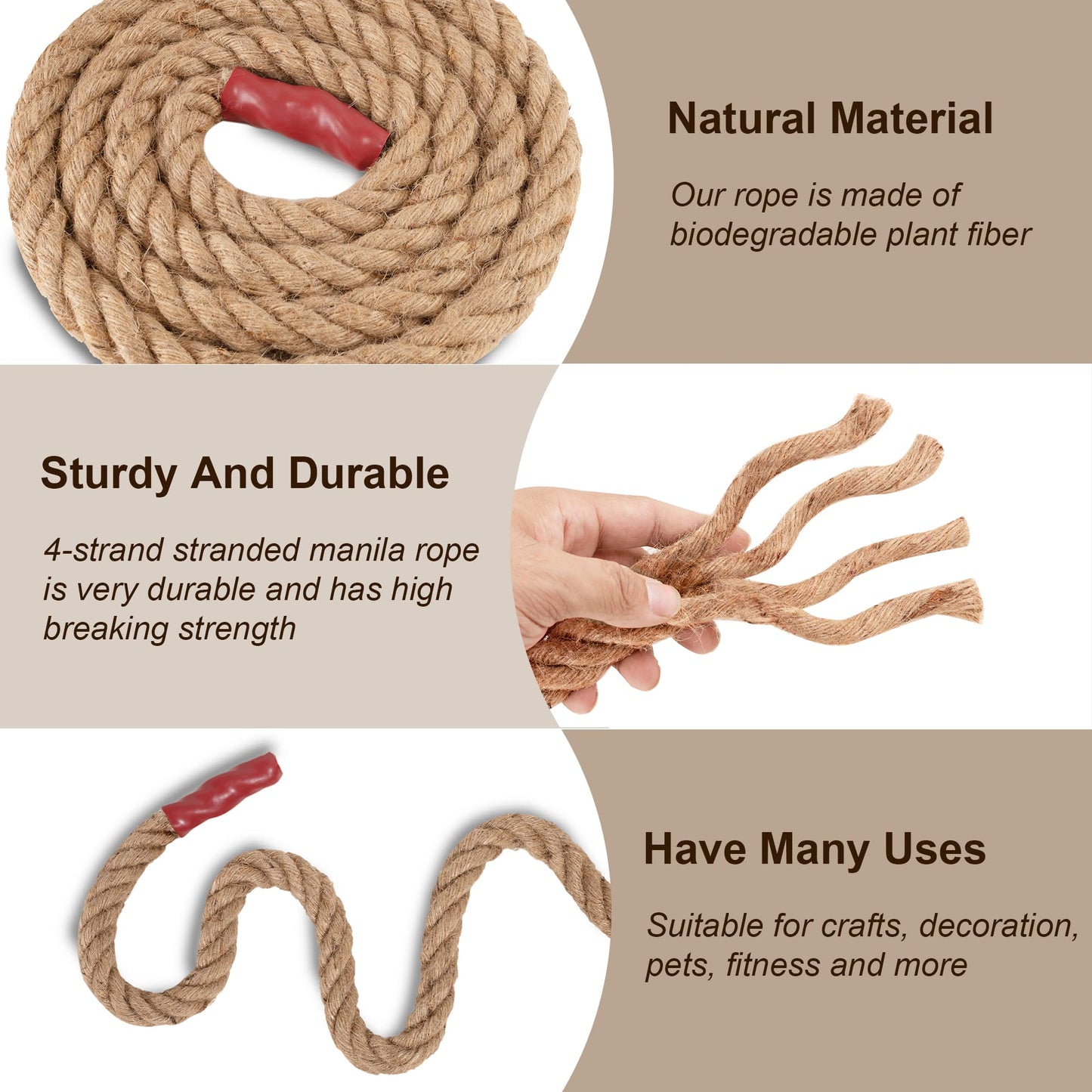EMEKIAN 30mm Natural Thick Jute Rope, 30M Twisted 4 Strand Fiber Hemp Rope, Strong Jute Twine String for Gardening, Craft, Bundling, Camping,