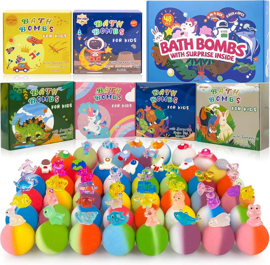 48pcs Bath Bombs for Kids with Toy Inside, Organic Colorful Bubble Bath for Kids Safe, Best Birthday, Party, Easter Bath Bombs Gift Set for Girls and