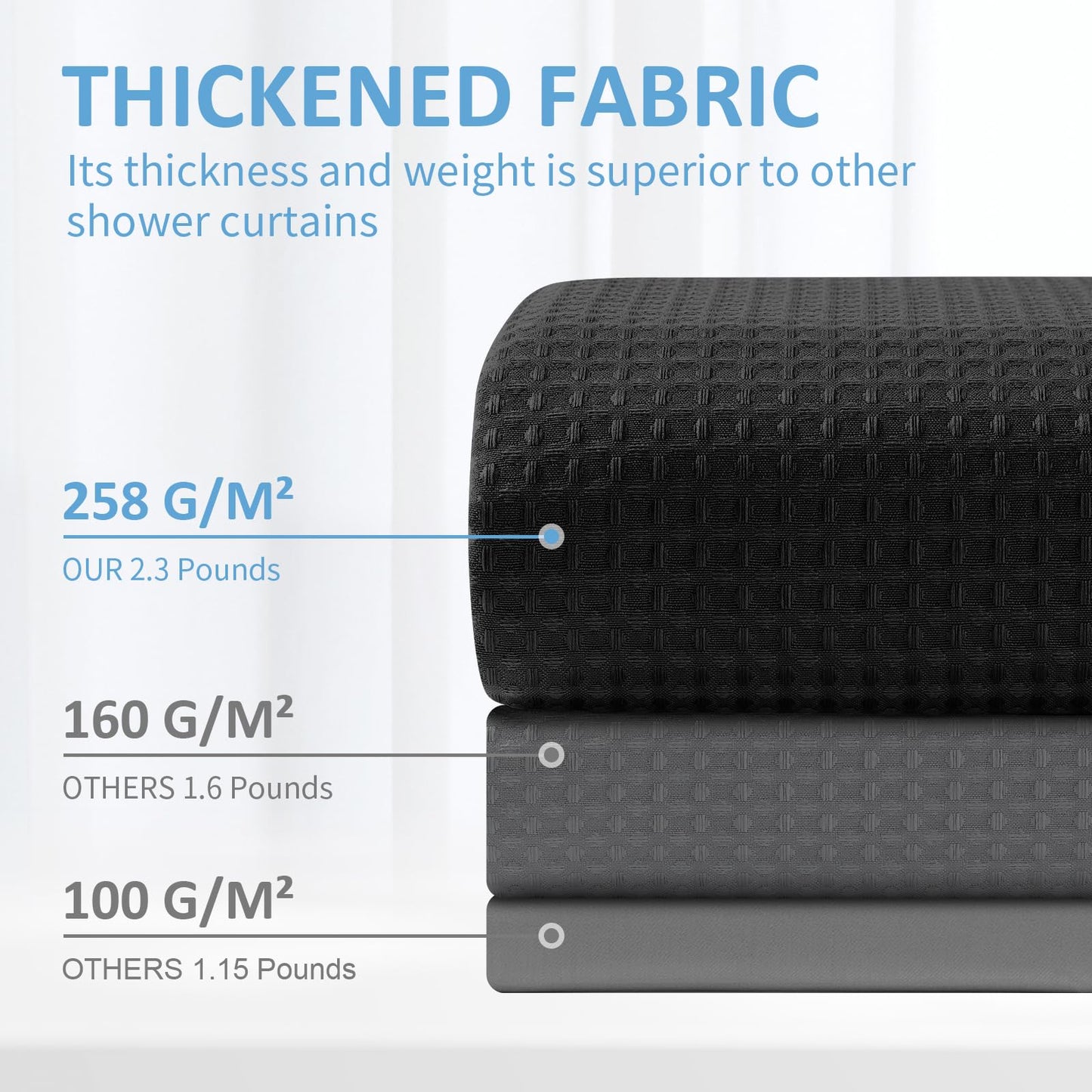 FY&XZH Heavy-Duty Waffle Weave Shower Curtain with Stainless Steel Hooks, Thick Fabric for Bathroom, Hotel, Spa & Salon-183 x 198cm (Black)