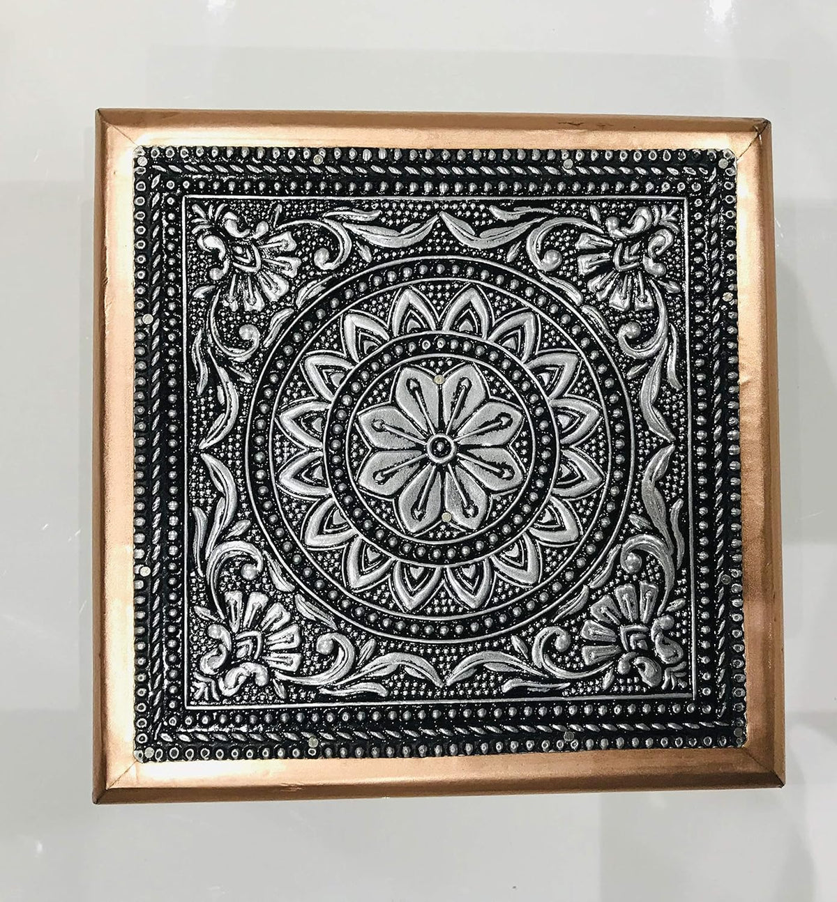 AARNAV 6" x 6" Handcrafted Low Table Bajath Bajot Chowki For God Temple or Lamp or Vase or Hindu Puja Oxidised Copper Table (Oxidised Copper 6"x6")