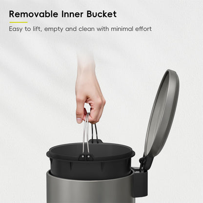 EKO Serene Step Bin, 3L Round Small Trash Can with Removable Inner Liner for Bedroom & Bathroom, Pedal Bin for Rubbish and Waste, Titanium Grey