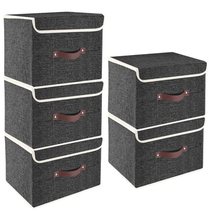 TYEERS Collapsible Storage Box with Lid, Fabric Storage Box for Clothes, Wardrobe Storage, 38x25x25 cm, Set of 5, Black