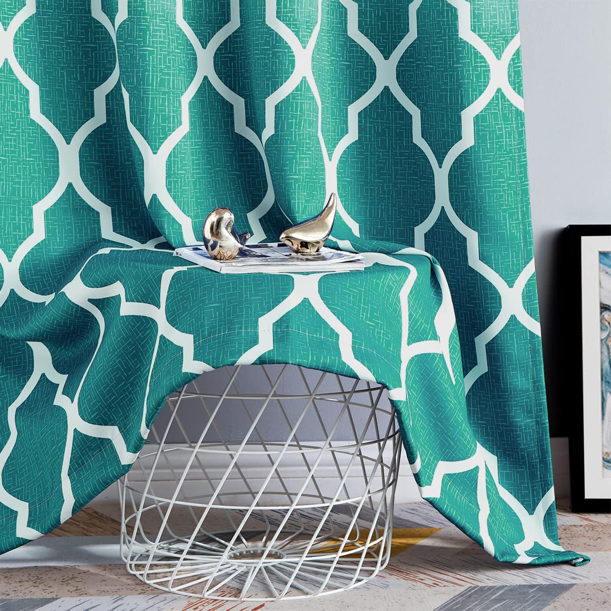 Beauoop Blackout Curtains for Bedroom Teal Ombre Curtains 72 Inch Drop Geometric Print Eyelet Curtain for Living Room Darkening Thermal Insulated