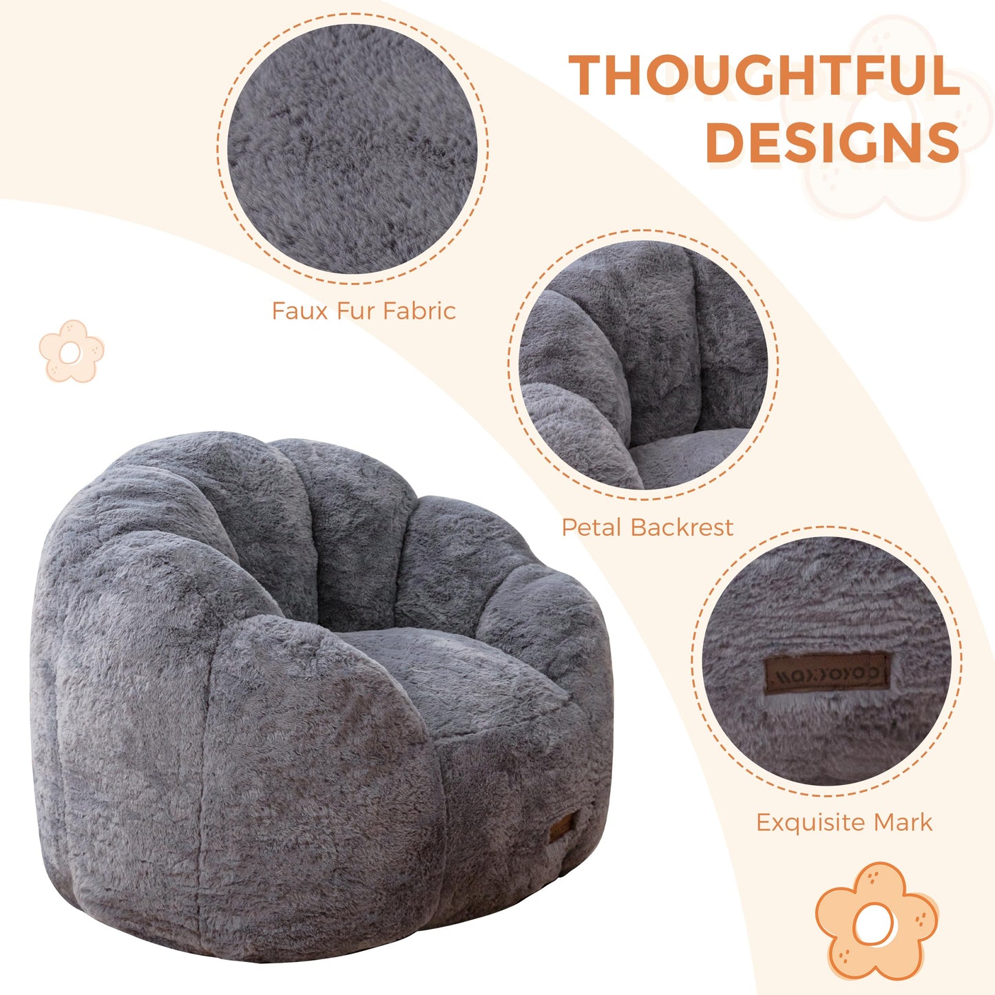MAXYOYO Kids Floral Shaped Bean Bag Sofa, Includes Filling, Faux Fur Fabric