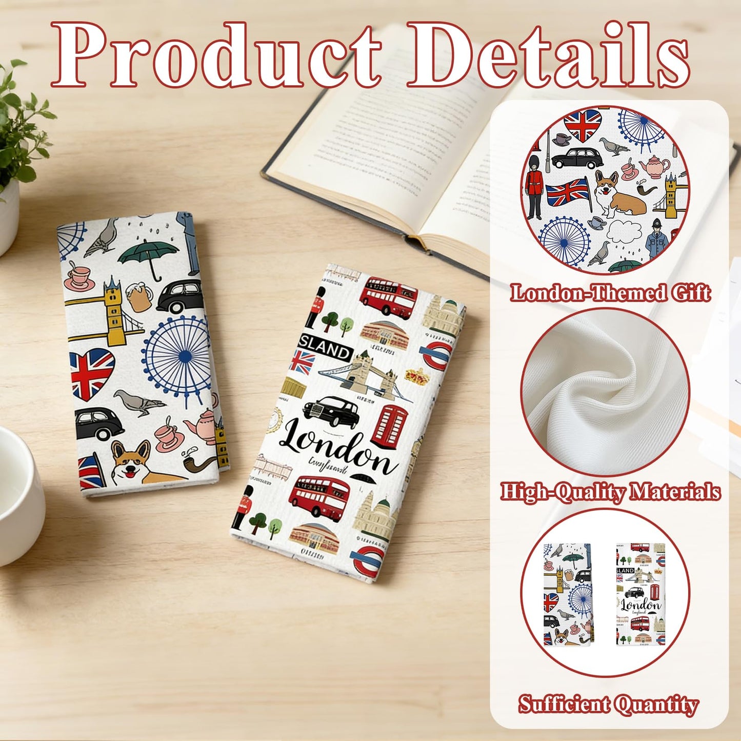 2 PCS London Tea Towels for Kitchen, Creative London Gifts Kitchen Towels, Absorbent Microfiber Dish Drying Cloth, Souvenir Kitchen Hand Towels
