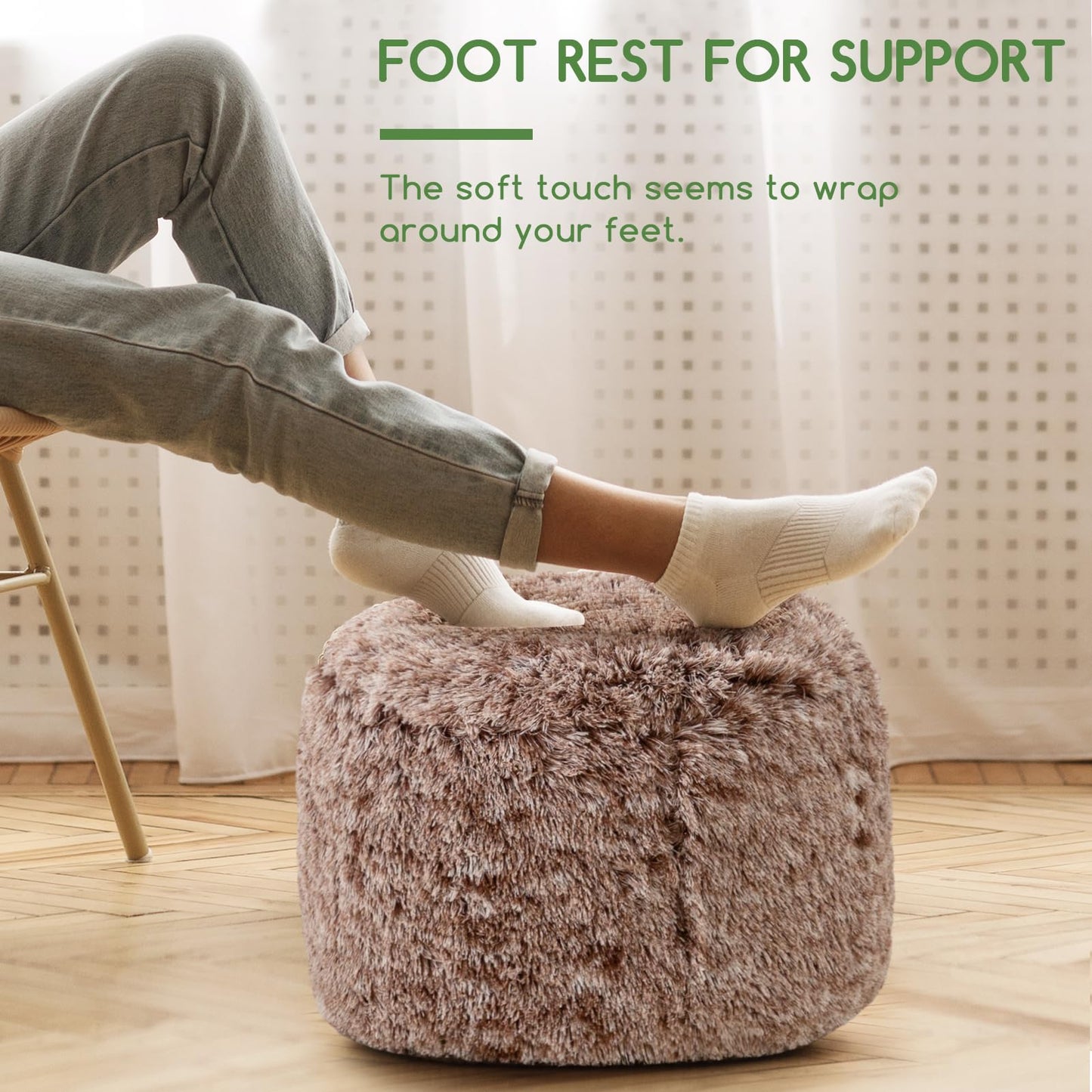 HIGOGOGO Faux Fur Beanbags Round Footstool Bean Bag Pouf with Foam Chunk Filling, 50 x 35 cm Floor Poufs Foot Rest for Living Room, Coffee