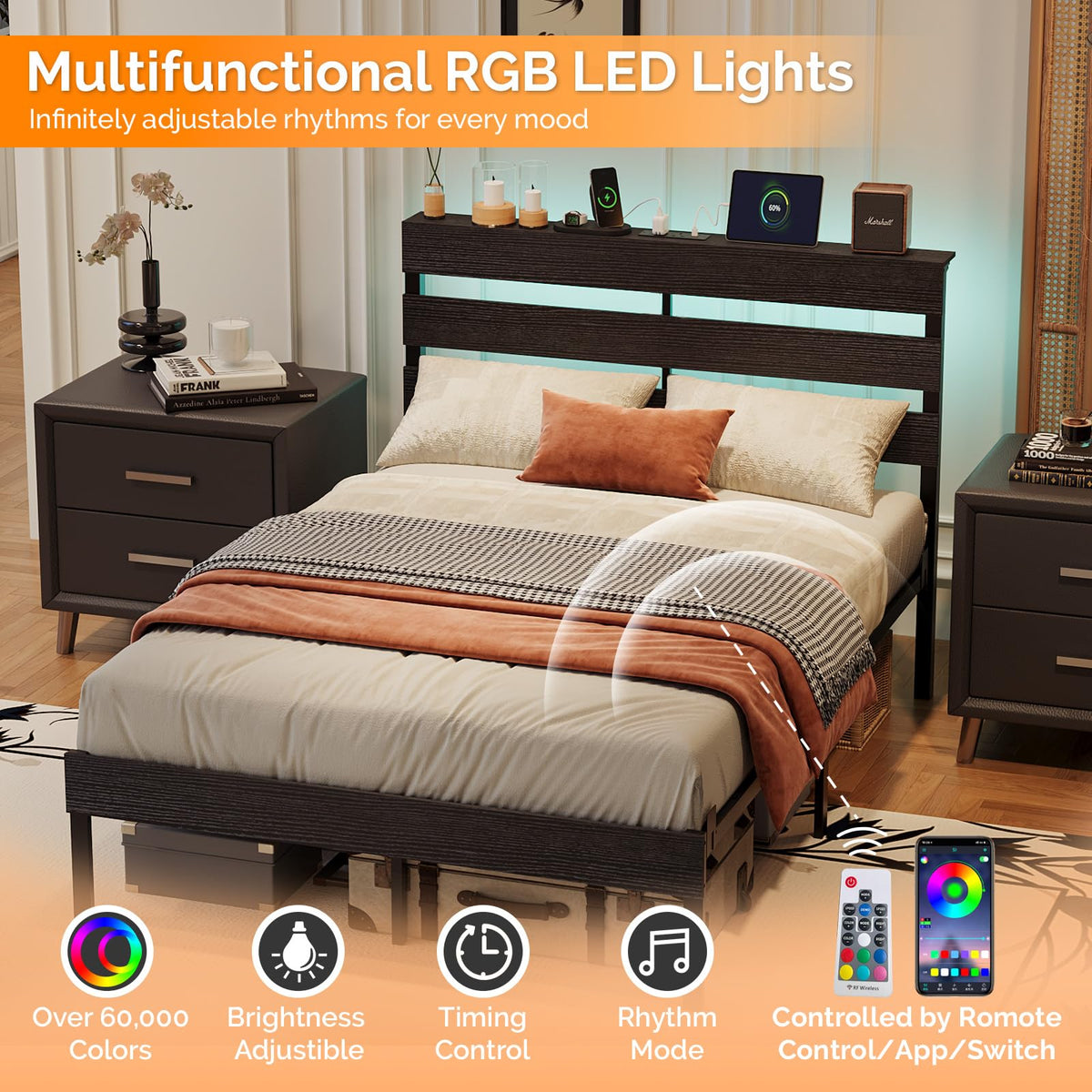Bonnlo 4ft6 Double Bed Frame with Storage Headboard & LED Lights, 135x190cm, Metal Bed Frame with Charging Station (USB/Type-C/2 Outlets)