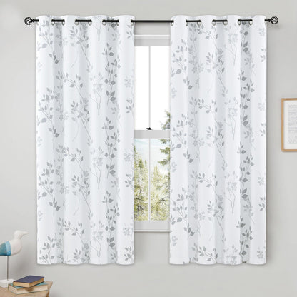 Beauoop Grey Floral Blackout Curtains for Bedroom Living Room 54 Inch Drop Leaf Print Eyelet Curtain Botanical Thermal Insulated Noise Reducing Drapes