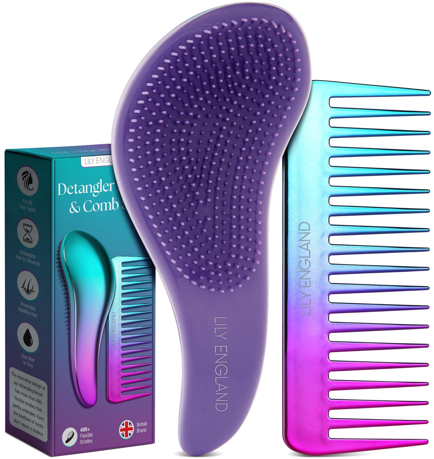 Detangle Hair Brush and Wide Tooth Comb Set Easy to Hold Detangler Hairbrush and Detangling Comb for Women and Kids for Wet or Dry, Fine, Curly,