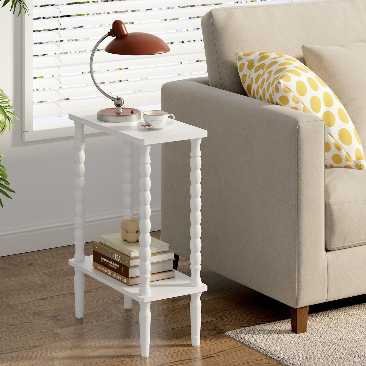 TUTOTAK Narrow Side Table, 2-Tier Small End Table with Storage, Slim Skinny Nightstand for Small Spaces, Living Room, Bedrooms, White TB01BW001EU
