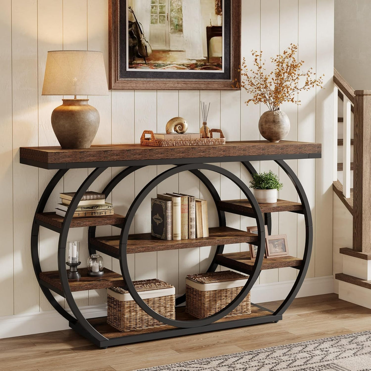 Tribesigns Circle Base Console Table | Narrow Entryway Table 120x30x80cm | 4-Tier Storage Shelf | Industrial Farmhouse Hallway Sofa Table,Rustic
