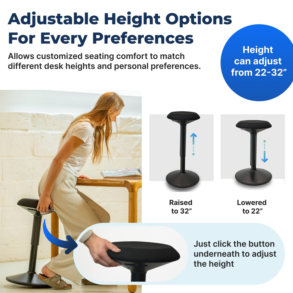 Backerz Ergonomic Desk Stool for Office – Height Adjustable Wobble Stool 55-80 cm