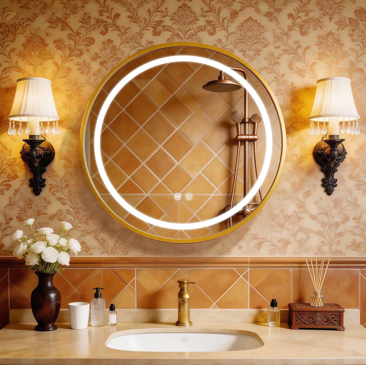 KAASUNES Round Mirror Cabinet with Light,Aluminum Framed,3 Colors Temperature&Dimmer,USB Shaver Socket,Defogger,66cm,Gold