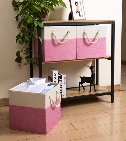 Prandom Large Foldable Cube Storage Bins 33x33x33cm [4-Pack] Fabric Linen Storage Baskets Cubes Drawer with Cotton Handles Organizer for Shelves