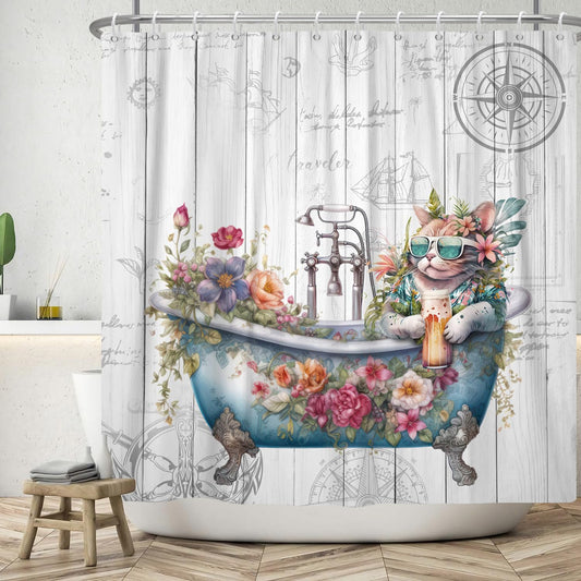 ASDCXZ Funny Shower Curtain 180x200 cm, Vintage Wood Maritime Background Funny Cat Flowers Leaves Washable Bath Shower Curtains Polyester Textile