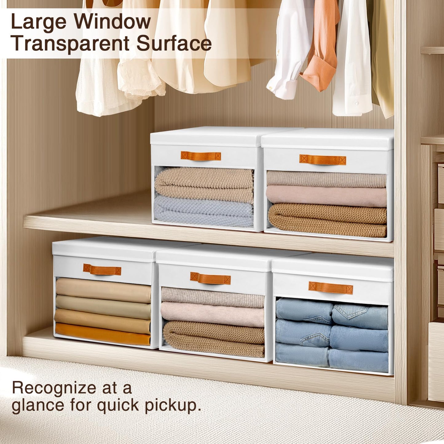 Homsorout 3 Pack Fabric Storage Boxes with Lids & Clear Windows White 22L