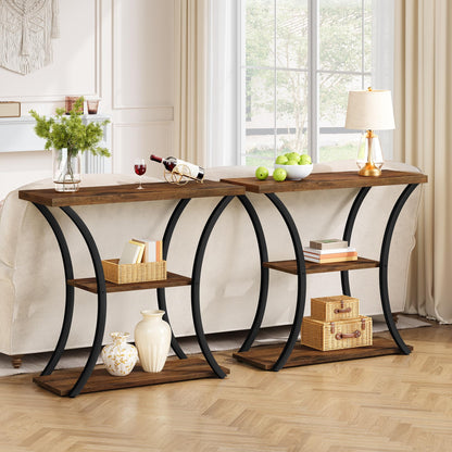 Hoctieon 3 Tier Console Table with Open Wood Shelves, Decorative Entryway Table with Curved Metal Frames, Narrow Sofa Table for Entrance, Living Room