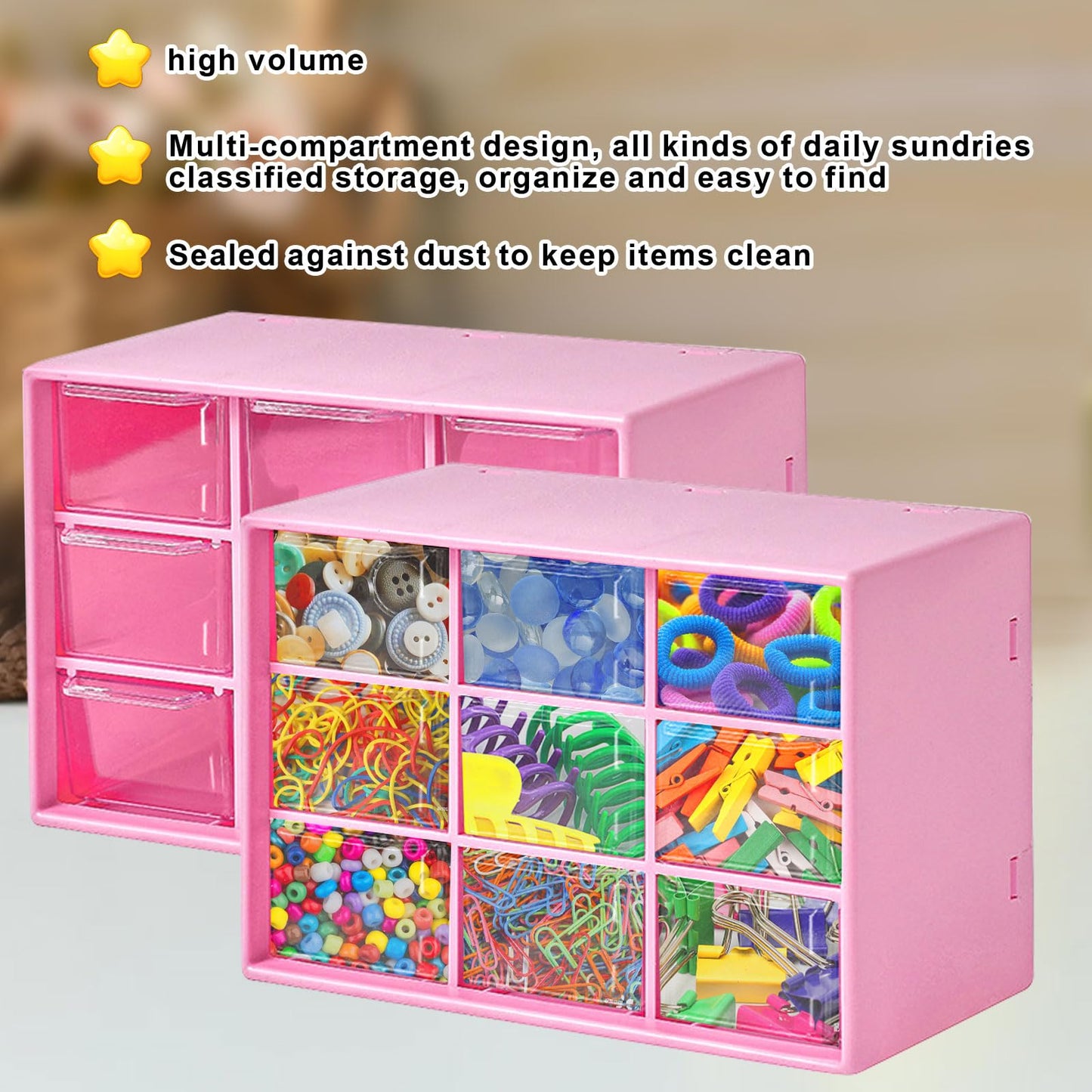 GAESHOW 2Pcs Small Storage Drawers, Desk Storage Organizer with 9 Drawers, Mini Plastic Drawer Organiser, Desktop Craft Drawer Cabinet for Sewing