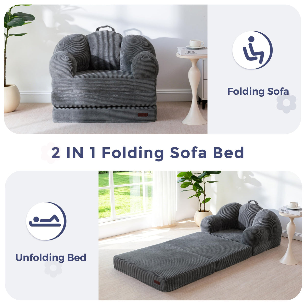 MAXYOYO Folding Sofa Bed with Backrest, Floral Shaped 2 in 1 Convertible Sofa to Comfy Faux Fur Bean Bag Chair for Adults