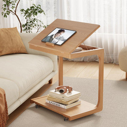 AQIMUELE Wooden C-Shaped End Table,Couch Table with Adjustable Desktop,Small Rolling Side Table with 2 Lockable Wheels 60 Width,Small End Table for