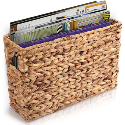 Yesland Hand-Woven Natural Narrow Water Hyacinth Holder Wicker Basket, 15.5 x 5.5 x 9.75 Inch/39 x 14 x 24.7cm Decorative Magazine Storage Bin for