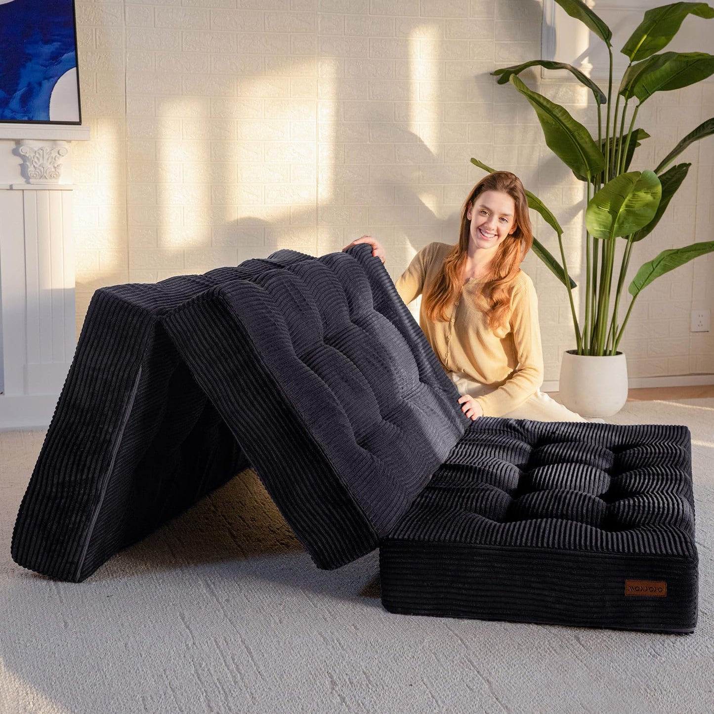 MAXYOYO Folding Mattress, Comfy Corduroy Foldable Mattress with 15cm Thicken Foam, Tri-Fold Floor Futon Sofa Bed for Guest,Black,Single